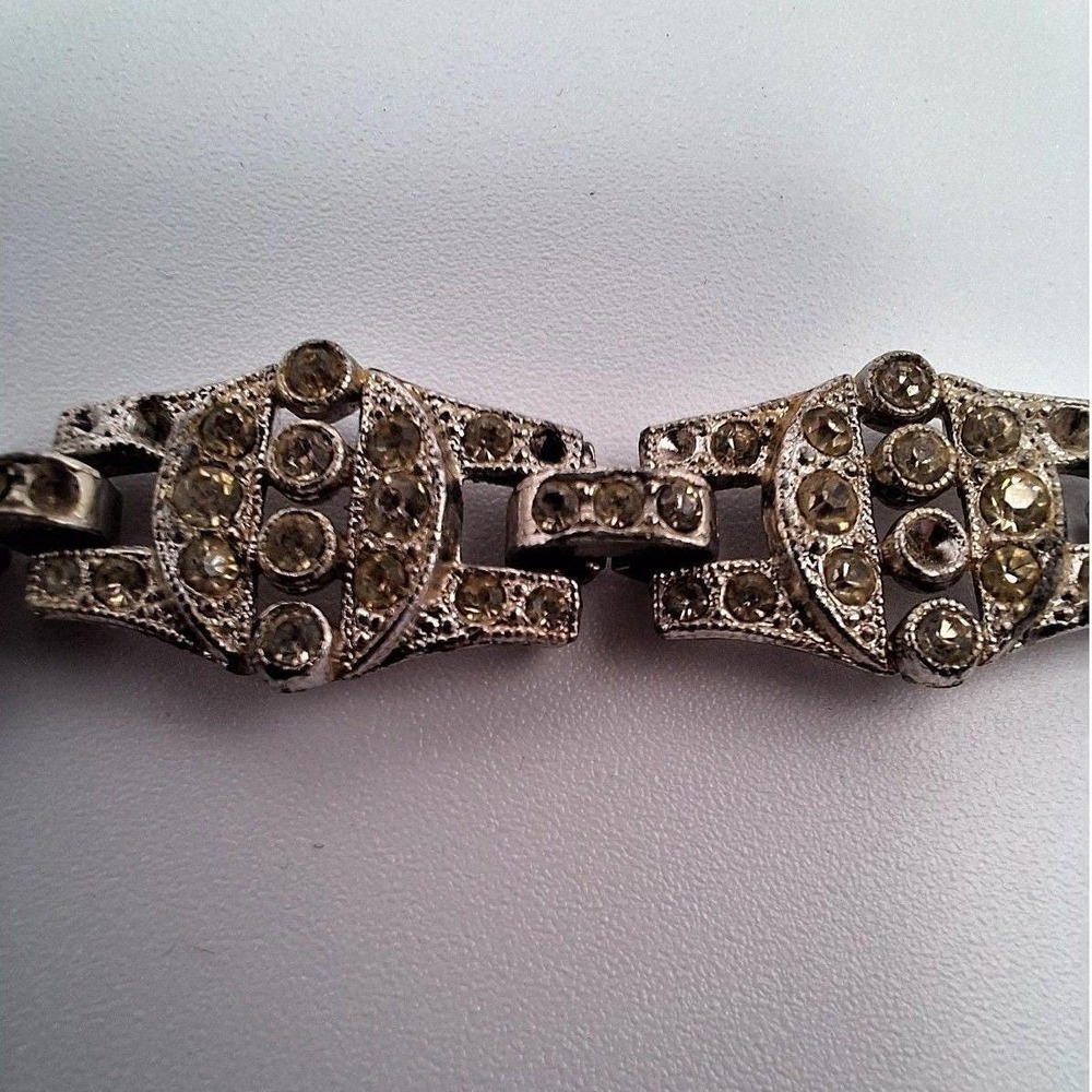 Vintage art deco bracelet geometric link panel lime rhinestones silver tone 30s